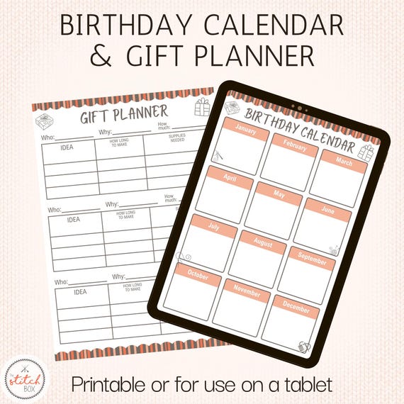 Printable Birthday Calendar & Gift Planner, Family and Friends Birthday Tracker (Digital Download), Or for use in Digital Notebook App