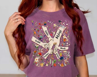 Comfort Colors® Mimi Hand Flower T-Shirt, Custom Grandma With kids Shirt, Custom Mother With Kids Shirt, Gift For Mom, Mother's Day gift