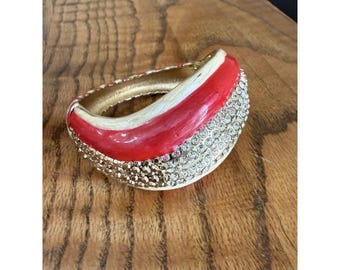 Vintage Red & White Enamel Rhinestone Hinged Bangle Bracelet Statement