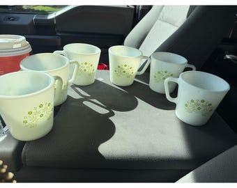 6 Pyrex Spring Blossom Crazy Daisy Green Milk Glass Coffee Mugs Set USA