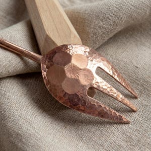 Hand-Forged Carnation Hammered Red Copper Fork with Solid Maple Wood Handle | Mother's Day Gift