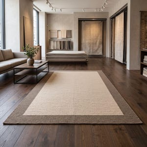Modern Beige and Brown Area Rug, Minimalist Border Rug, Handmade Tufted Wool Carpet, Neutral Living Room Rug, Contemporary Floor Decor