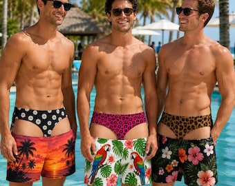 Funny Men’s Swim Trunks, Custom Fake Underwear Beach Shorts, Humorous Tropical Swimwear, Bachelor Party Birthday Gag Gift for Men