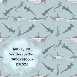 Könnte beinhalten: Nahtloses Muster mit Hammerhaien in Grau- und Weißtönen auf hellblauem Hintergrund. Das Design zeigt verschiedene Hai-Posen, die ein sich wiederholendes Muster bilden. Das Bild enthält auch den Text "@art by em Seamless pattern 3600x3600px DPI 300".