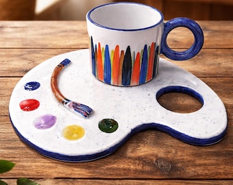 Set di tazze e piatti in ceramica fatti a mano – Design artistico colorato