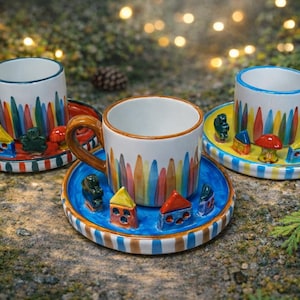 Könnte beinhalten: Drei Keramik-Tassen und Untertassen mit farbenfrohen, vertikalen Pinselstrich-Designs. Jede Untertasse zeigt Miniatur-Häuser und -Pilze. Die Tassen haben unterschiedlich farbige Griffe und Ränder, auf einer natürlichen, moosigen Oberfläche.