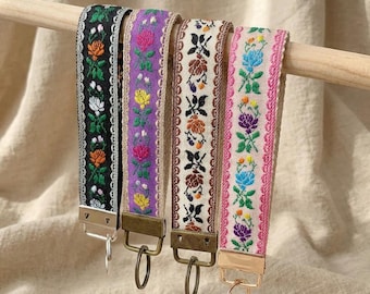 Boho geborduurd polsbandje, telefoonkoord met bloemenprint, camerabandje voor om de pols, schattige autosleutelhouder, sleutelhanger voor dames, tashanger, cadeau voor bruidsmeisjes