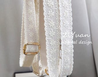 Beige kanten telefoonkoord, canvas camerariem, tashandvat cottagecore met bloemen, verstelbaar nekkoord, goud-zilveren hardware