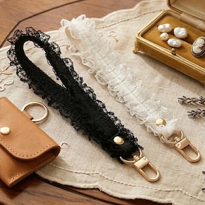 Ruffle Lace Wristlet Lanyard, Coquette Phone Hand Strap, Cute Camera Wrist Cord, Vintage Key Fob Holder, Black White Keychain Gift