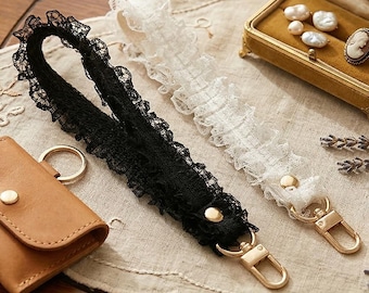 Polsbandje met ruches, polsbandje, coquette telefoonriempje, leuk camerapolskoord, vintage sleutelhangerhouder, zwart witte sleutelhanger cadeau