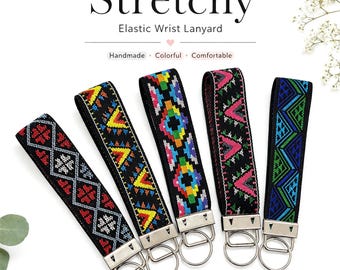 Rekbare boho-polsband met sleutelhanger, elastische sleutelkoord, kleurrijke tribal telefoonriem, handgemaakte polsband voor sleutels, autosleutel en camera