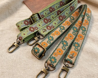 Dubbellaags canvas telefoonkoord, bloemen geborduurde schouderriem, boho camerakoord, geribbeld katoenen tashengsel, vintage aangepaste hardware