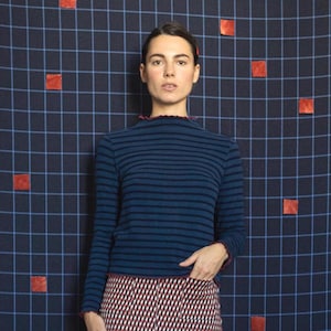 Striped Warm cotton turtleneck pull, crater neckline, long sleeves[Bari top/blues stripes]