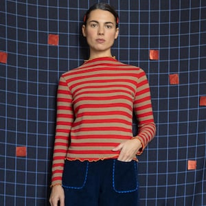 Striped Warm cotton turtleneck pull, crater neckline, long sleeves[Bari top/red&beje stripes]