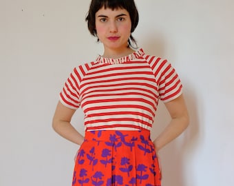 Handmade Red and white Striped Cotton Striped Ruffle T-Shirt[Krakow blouse/red and white]