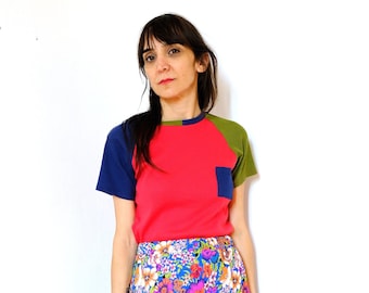 LAST PIECE!(only size SM left)Ready to ship!Ribbed T-shirt,top,patchwork colors red-green blu cotton-viscose[Brasilia shirt/patchwork coral]