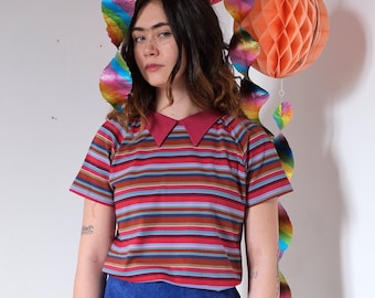 Multicoloured striped cotton polo shirt with long red collar [Sibiu shirt/Pink Multistripes]