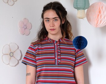 Handmade Vintage Cotton Jersey Serafino Striped Blouse, upcyled fabric [Melrose Blouse/pink multi stripes]