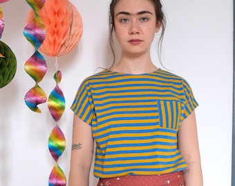 Handmade yellow and blue stripes organic cotton shirt, front pocket, t-shirt, top [Bo-bo shirt/yellow blue]