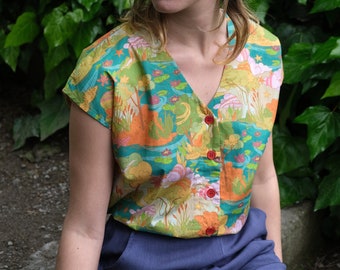 Handmade Organic Cotton Flowers Print Blouse with buttons [Goteborg Shirt/psychedelic garden]