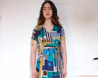 Vintage cotton-viscose blend wrap dress with yellow, black, green, grey and blue geometric patterns[Trieste Dress/Nordic print]