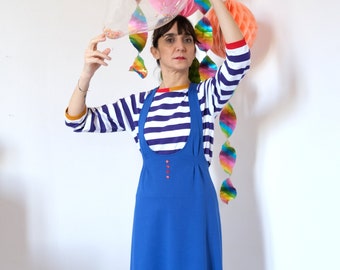 Salopette gonna blu elettrico con bretelle regolabili in cotone punto Milano [Arkansas Pinafore/Electric Blue]