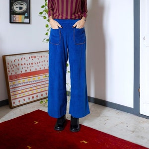 LAATSTE STUKS (alleen maat M over) Klaar voor verzending! Handgemaakte vintage corduroy elektrisch blauwe palazzo-broek, zakken [Nevada-broek/elektrisch blauw]