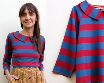 Handmade striped teal-burgundy cotton t-shirt peter pan collar [Dublin shirt/ teal-burgundy]