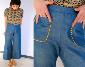 Pantaloni Palazzo in Jeans Cotone Vintage color blu chiaro, tasche, Small, Medium,Large [Nevada Pants - Jeans Blu Chiaro]