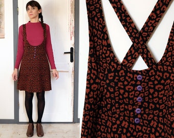 Handmade Vintage Animalier Black and Orange Woman Pinafore, Jumper Dungaree, Salopette [Arkansas Pinafore/Grrrr]