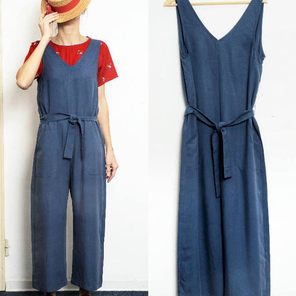 15% SALE (regular price 83,5) Handmade vintage cotton-viscose mid-calf PINAFORE (JUMPSUIT)wide leg jumper,with belt [Julienne jumpsuit/Blue]