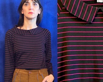 Handmade Black Purple striped print viscose peter pan collar [Dublin shirt/Black Purple]