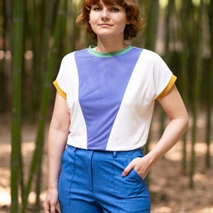 Può includere: Una maglietta bianca con un design a blocchi di colore blu e viola, scollatura verde e bordi delle maniche gialli. La maglietta è abbinata a pantaloni blu. Lo sfondo è una foresta di bambù.