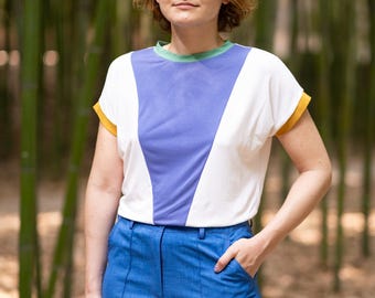 Handmade multicolor color block patchwork vintage cotton top  [Delaunay/white purple]