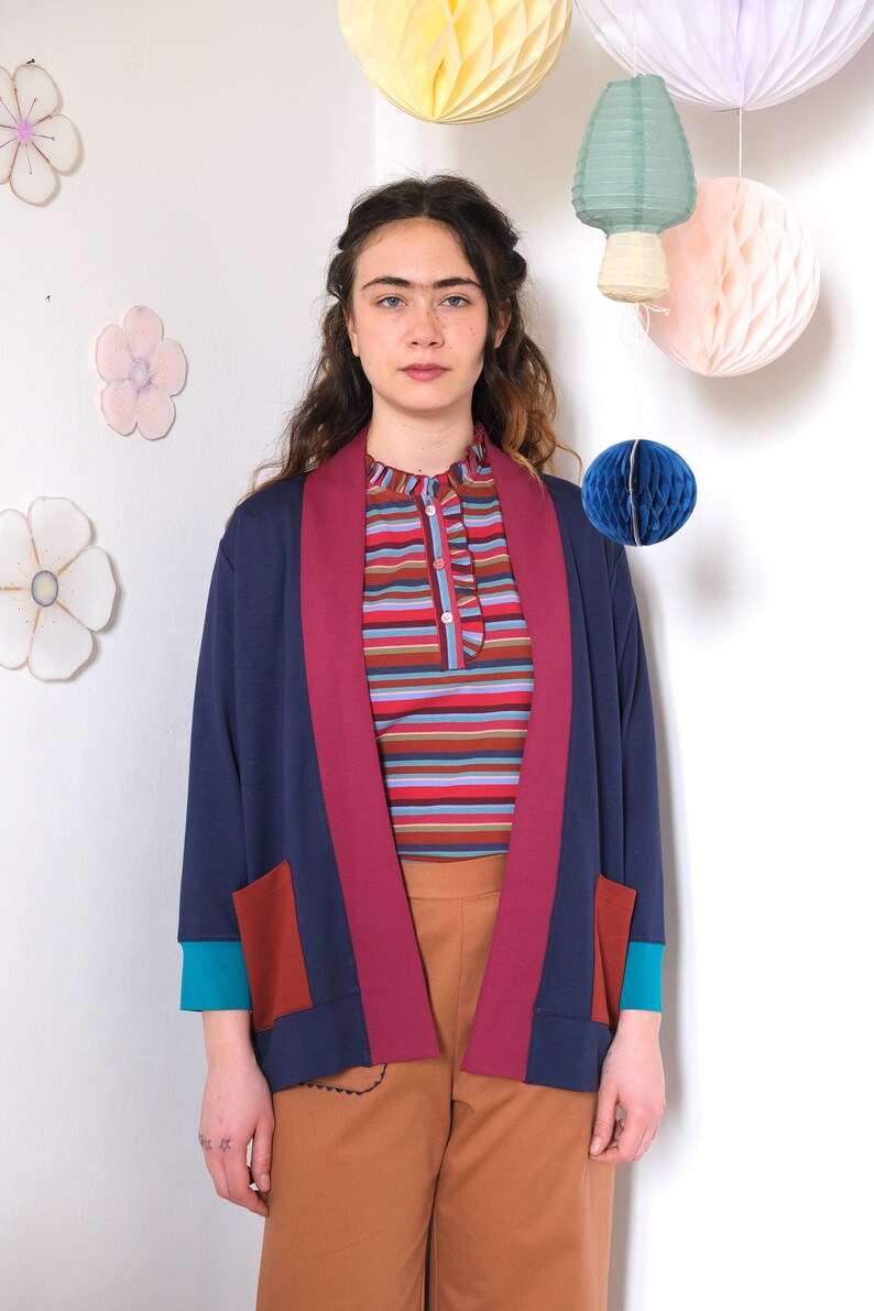 Handmade Vintage Cotton Jersey Serafino Striped Blouse, upcyled fabric Melrose Blouse/pink multi stripes 画像 4