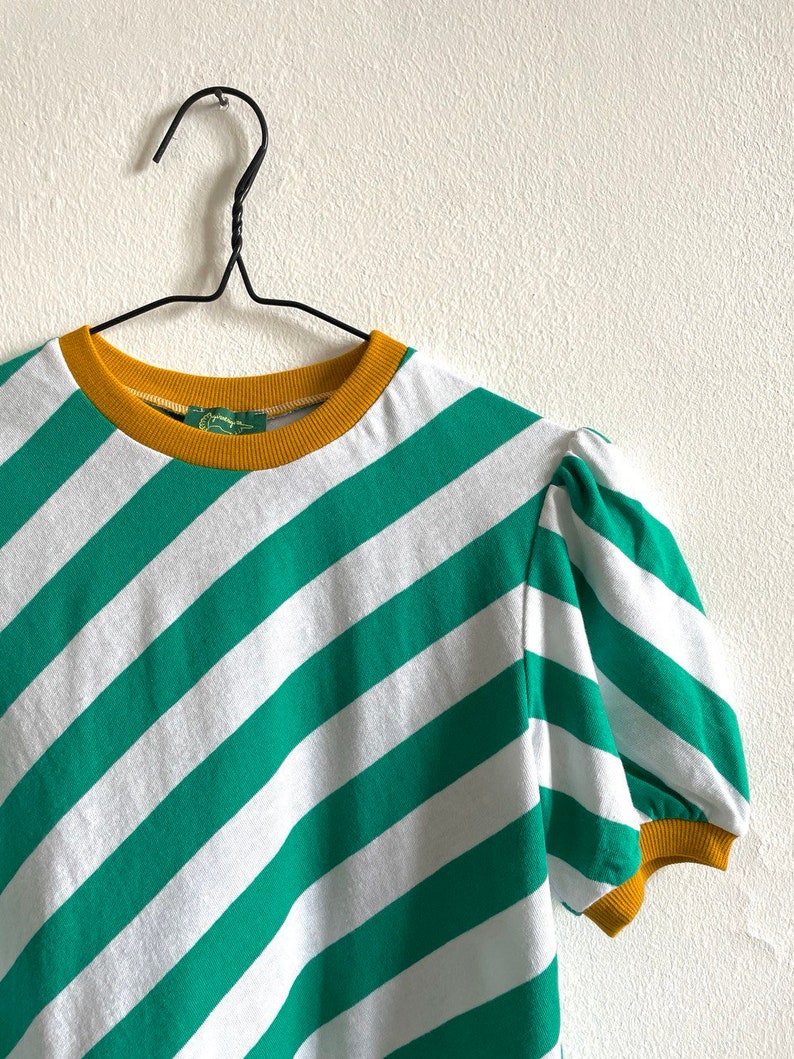 Ready to ship Handmade vintage cotton jersey oblique striped green and white t-shirt, top Bologna shirt/green-white image 5