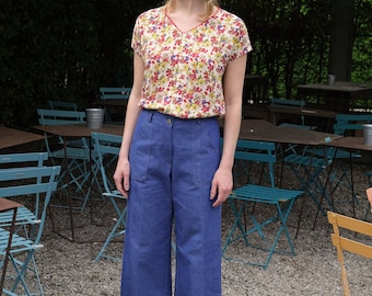 Handmade Vintage mid-weight denim Palazzo Trousers, Jeans, front pockets with yellow stitching [Malibu Pants/vintage denim]