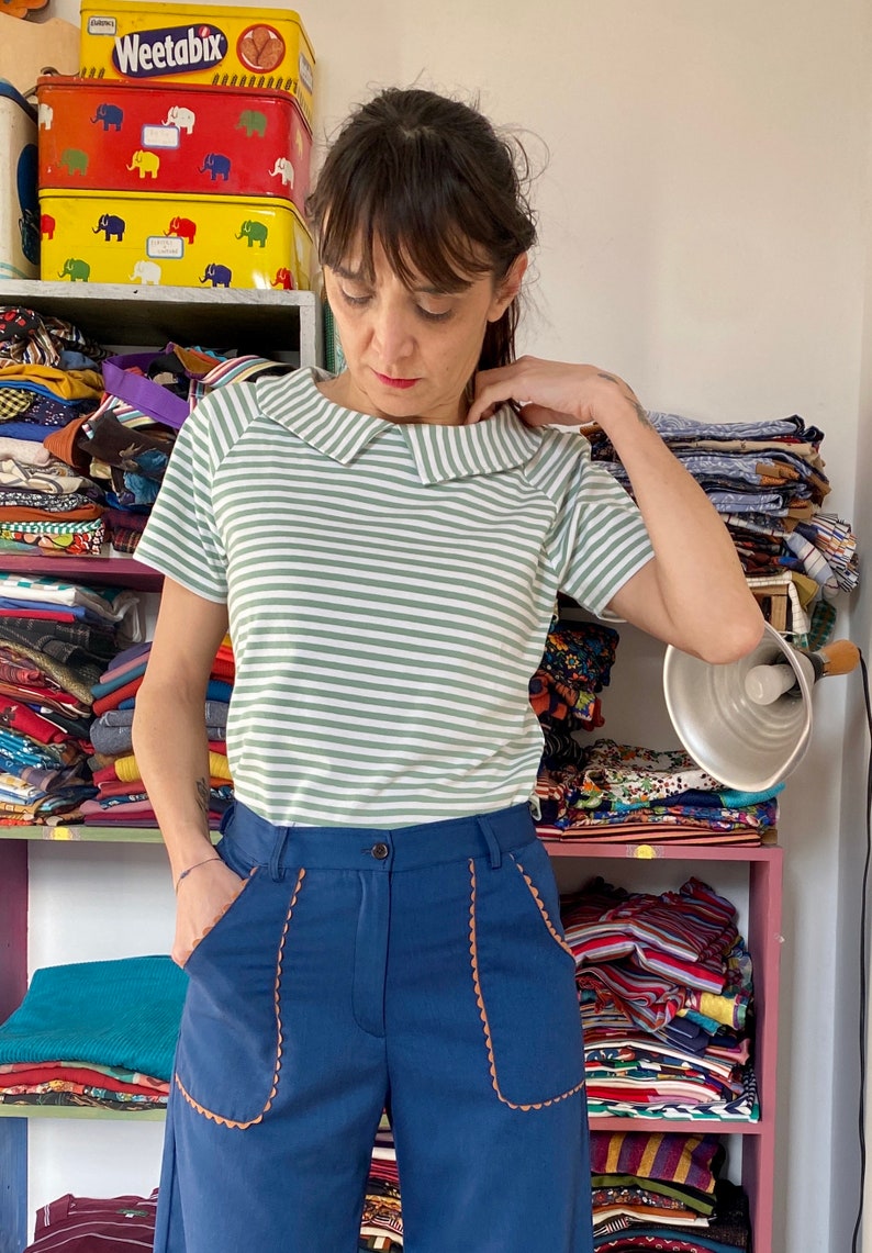 T-shirt en coton imprimé rayé fait main avec col claudine chemise Dublin/blanc sauge image 4