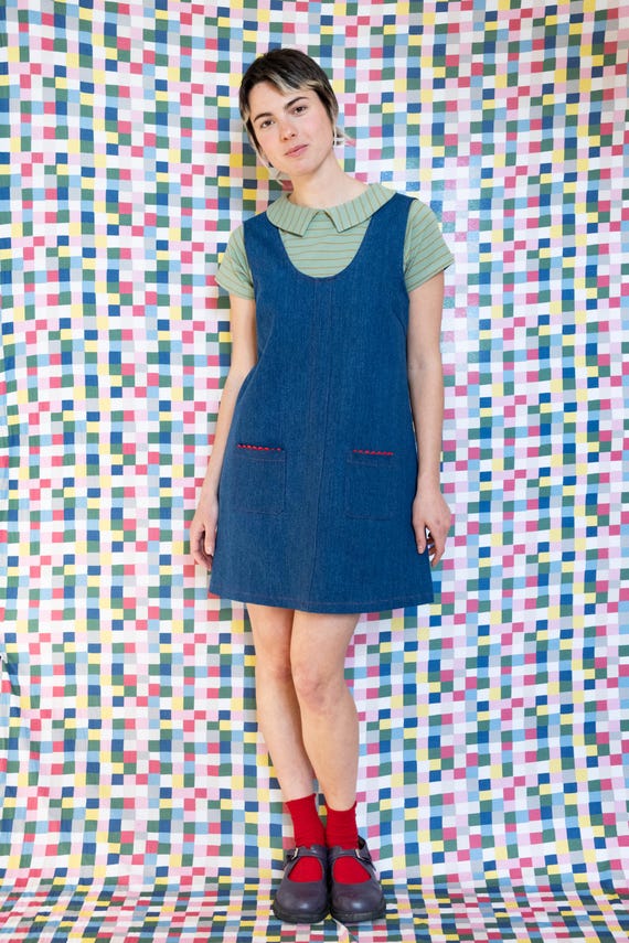 denim a line pinafore dress Vintage 60s Style Dress, A-line Jumper With Pockets [rye Pinafore/denim] GLASSONS Blue Backless Maxi reducing fading or color Color:white taobao-800600157946