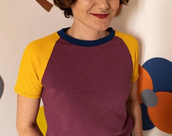 Top patchwork color block, cotton and viscose multicolor, t-shirt short sleeves [Brasilia top/yellow-mauve]