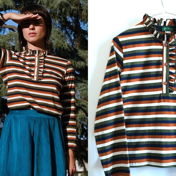 Ready to ship! Handmade Vintage Cotton Jersey Serafino Blouse, upcyled fabric, [Melrose Blouse/fall stripes]