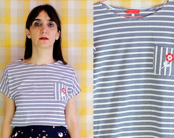 READY TO SHIP! Handmade Striped blue, dark blue and white shirt with flower vintage patch, Small, Medium, Large [Bo-bo shirt/flower patch]