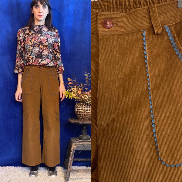 Pantalon palazzo vintage en velours côtelé tabac-moutarde, poches sur le devant Pantalon [Pantalon Carrara/tabac]