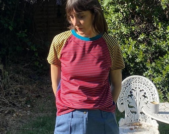 Top patchwork color block, striped multicolor cotton, t-shirt short sleeves [Brasilia top/striped patchwork primary]