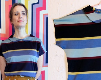 Handmade magenta red vintage cotton multicolor stripes shirt with peter pan polo [Galway shirt/blue stripes]