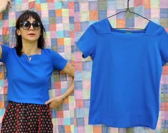 LIMITED EDITION! Ready to ship! T-shirt, top, squared neckline, ribbed electric blue jersey cotton [Colmar shirt/ribbed blue]