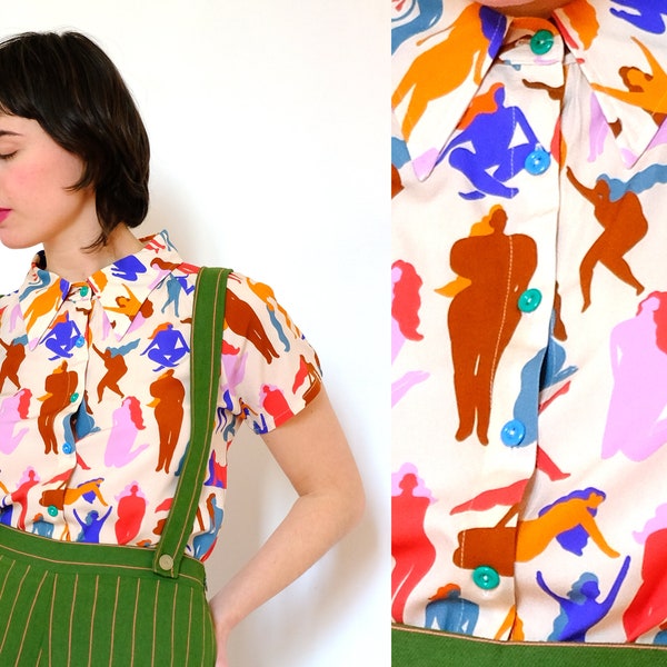 LAST PIECE (only size M left) Ready to ship! Handmade Collared Blouse Vintage Viscose Women print [Timisoara Blouse/Matisse Dance]