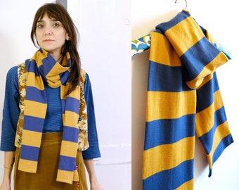 Ready to ship! Wool-cotton striped vintage scarf [mustard and blue]
