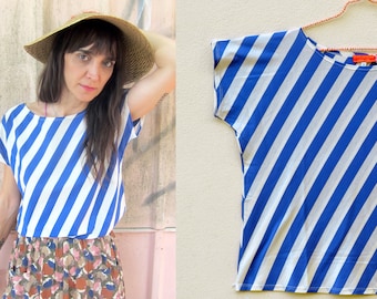 Handmade Diagonal Striped, Electric Blue Vintage jersey cotton t-shirt. Small, Medium, Large [Bo-bo shirt/diagonal blues]