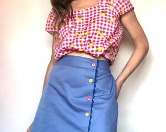 Light blue Denim Cotton twill wrap skirt with side colored buttons [Austin skirt/red-yellow buttons]
